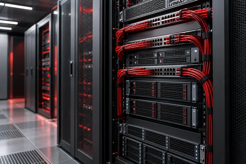 Illustration of neatly organized server racks and network connections