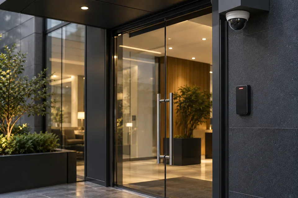 Illustration of a workplace entrance with an access reader and security camera
