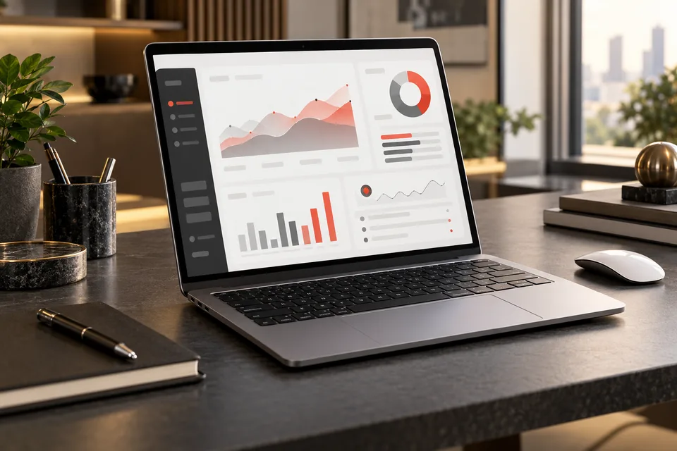 Illustration of business dashboard software on a laptop